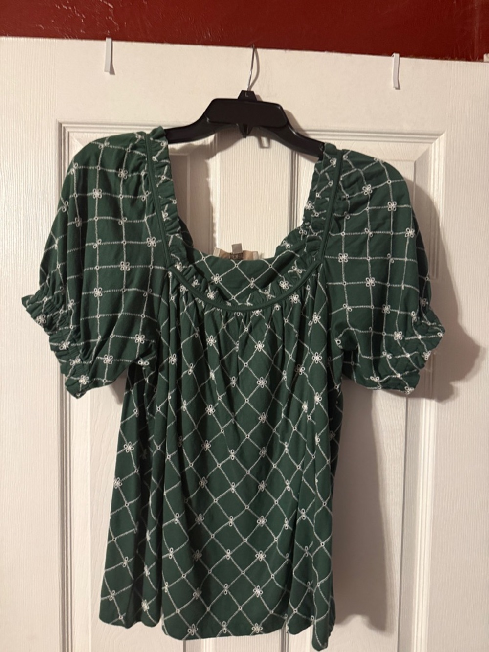 LOFT Green Patterned Puff-Sleeve Blouse